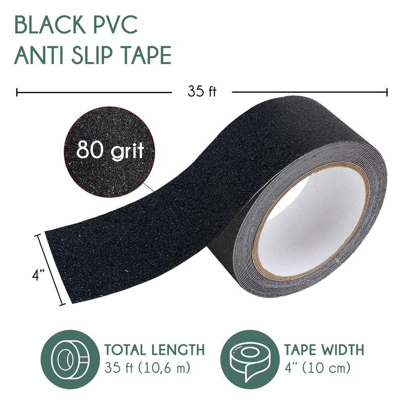 Non-Slip Grip Tape - Waterproof Non-Skid Adhesive Tape For Stairs - 4"X35' Roll, Black