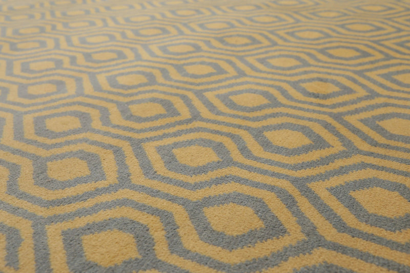 9' x 12' Hand knotted Honeycomb Wool Full Pile Area Rug Light blue Gold