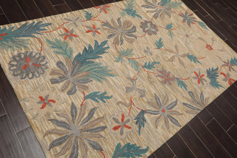 5x8 Beige Handmade Wool Loop Pile Floral Traditional Oriental Area Rug