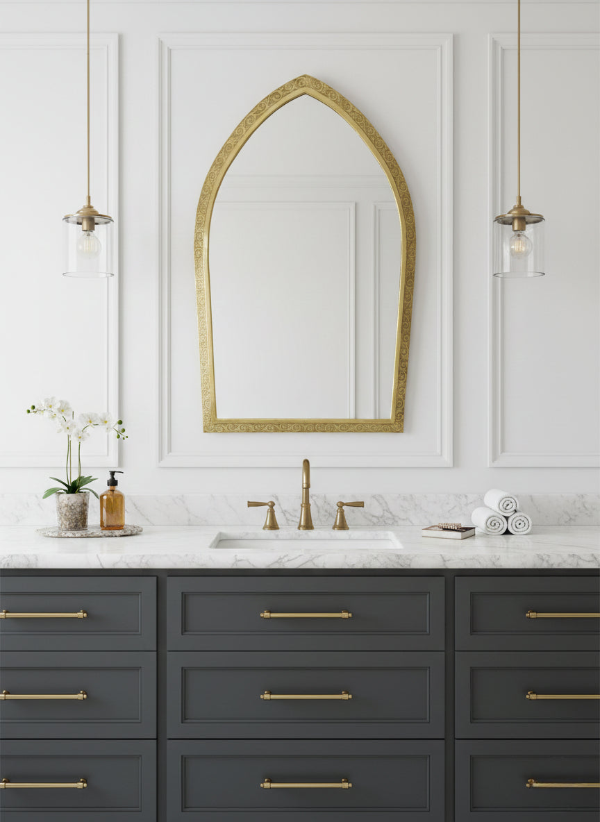 Golden Handmade Wall Mirror - Arch Brass Engraved Mirror, photo 4 of 12