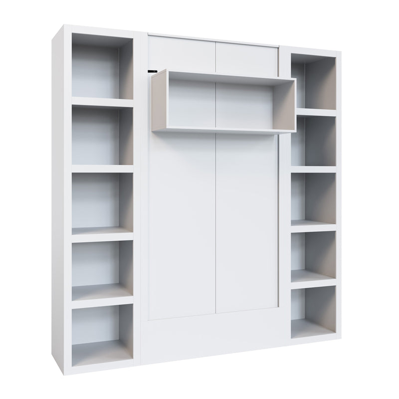 Easy-Lift Full Murphy Wall Bed in White with Two Bookshelves