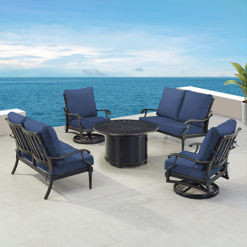 Black Aluminum Fire Table Set with Two Loveseats and Two Club Chairs