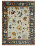 Vibrant Colorful Hand Knotted Ivory, Teal and Rust Traditional Oushak Multi size Wool Area Rug