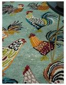 Vibrant Colorful Beautiful chicken Light Green, Ivory, Gold and Brown Hand Knotted 8x10 Wool Area Rug by The Rug Decor