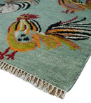 Vibrant Colorful Beautiful chicken Light Green, Ivory, Gold and Brown Hand Knotted 8x10 Wool Area Rug by The Rug Decor