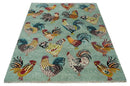 Vibrant Colorful Beautiful chicken Light Green, Ivory, Gold and Brown Hand Knotted 8x10 Wool Area Rug by The Rug Decor