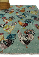 Vibrant Colorful Beautiful chicken Light Green, Ivory, Gold and Brown Hand Knotted 8x10 Wool Area Rug by The Rug Decor