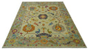 Vibrant Colorful Beige, Silver, Orange and Mustard Hand Knotted 9x12 Wool Area Rug