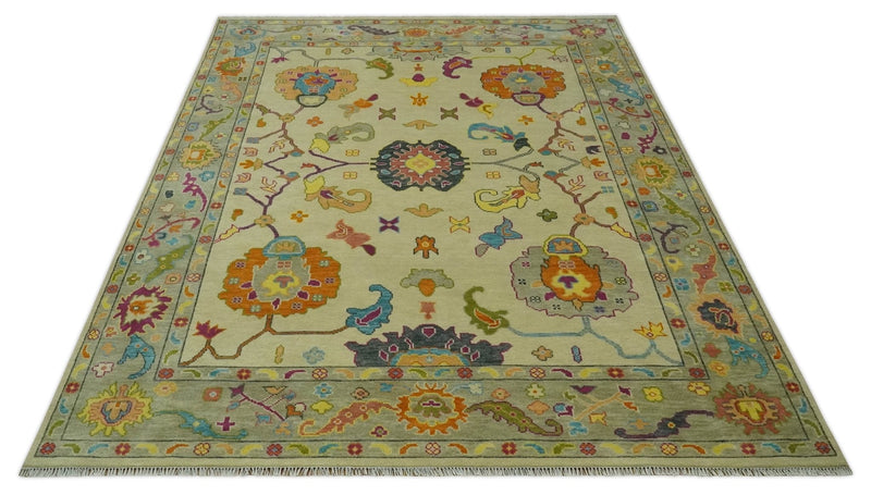Vibrant Colorful Beige, Silver, Orange and Mustard Hand Knotted 9x12 Wool Area Rug