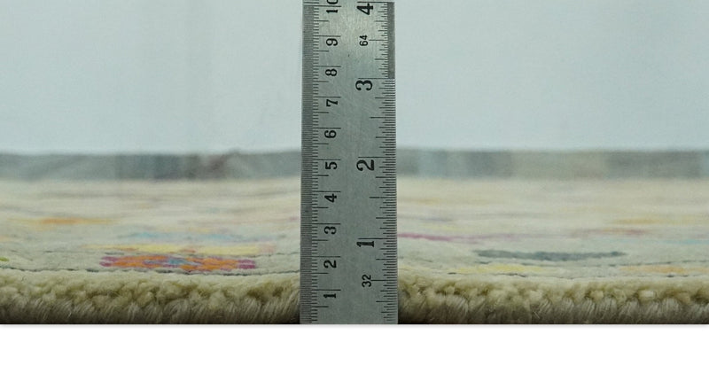 Vibrant Colorful Beige, Silver, Orange and Mustard Hand Knotted 9x12 Wool Area Rug