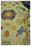 Vibrant Colorful Beige, Silver, Orange and Mustard Hand Knotted 9x12 Wool Area Rug