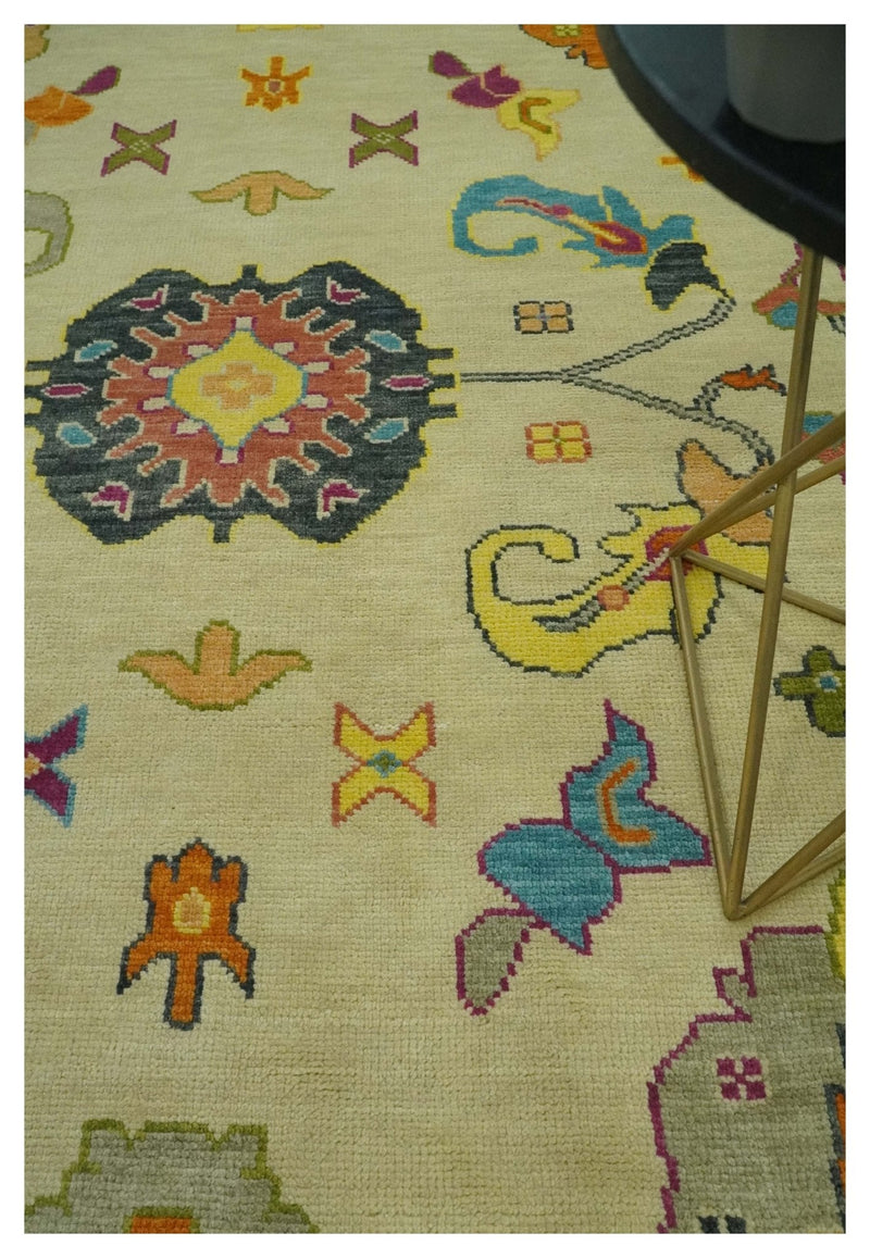 Vibrant Colorful Beige, Silver, Orange and Mustard Hand Knotted 9x12 Wool Area Rug