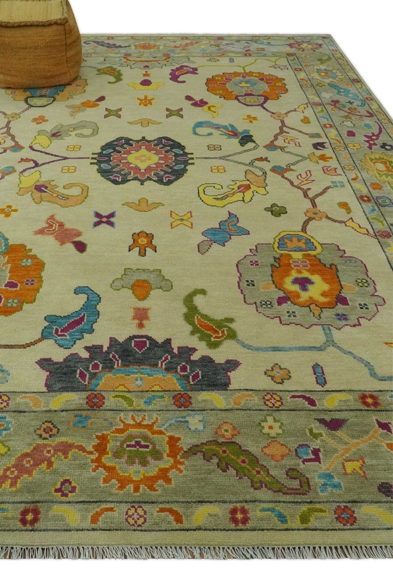 Vibrant Colorful Beige, Silver, Orange and Mustard Hand Knotted 9x12 Wool Area Rug