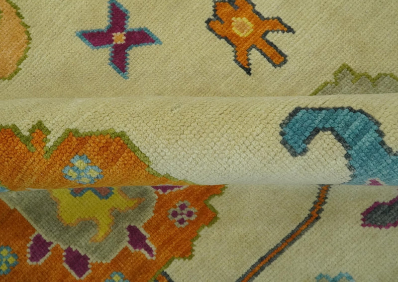 Vibrant Colorful Beige, Silver, Orange and Mustard Hand Knotted 9x12 Wool Area Rug