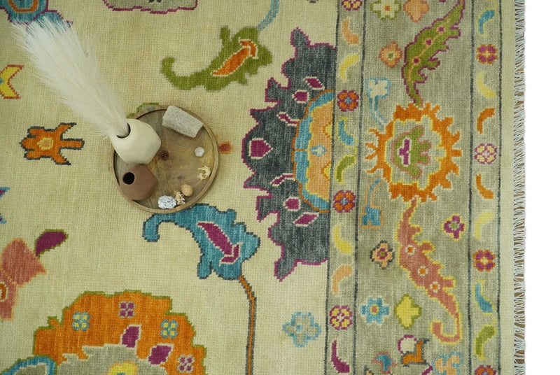 Vibrant Colorful Beige, Silver, Orange and Mustard Hand Knotted 9x12 Wool Area Rug