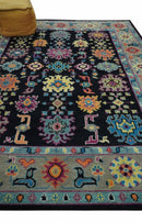 Hand Knotted Traditional Oushak Wool Area Rug Black Beige Purple and Blue Custom Made