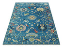 Vibrant colorful Blue Hand Knotted 8x10 Traditional Oushak Wool area Rug by The Rug Decor