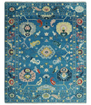 Vibrant colorful Blue Hand Knotted 8x10 Traditional Oushak Wool area Rug by The Rug Decor
