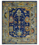 Vibrant Colorful Blue, Silver and Mustard Hand knotted Traditional Oushak 8x10 wool Area Rug by The Rug Decor