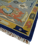 Vibrant Colorful Blue, Silver and Mustard Hand knotted Traditional Oushak 8x10 wool Area Rug by The Rug Decor