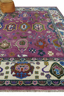 Vibrant Colorful Hand knotted Purple and Ivory Oushak wool Area Rug