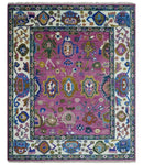 Vibrant Colorful Hand knotted Purple and Ivory Oushak wool Area Rug by The Rug Decor
