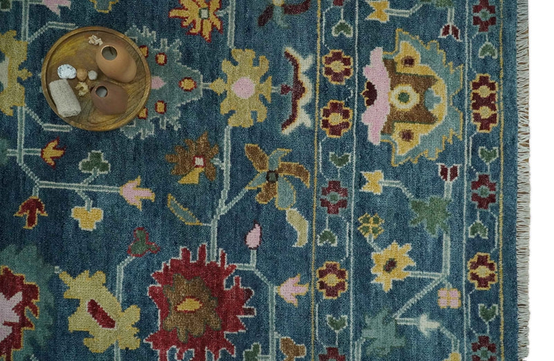 Vibrant Colorful Hand knotted Teal, Gold And Maroon 9x12 wool Area Rug