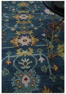 Vibrant Colorful Hand knotted Teal, Gold And Maroon 9x12 wool Area Rug