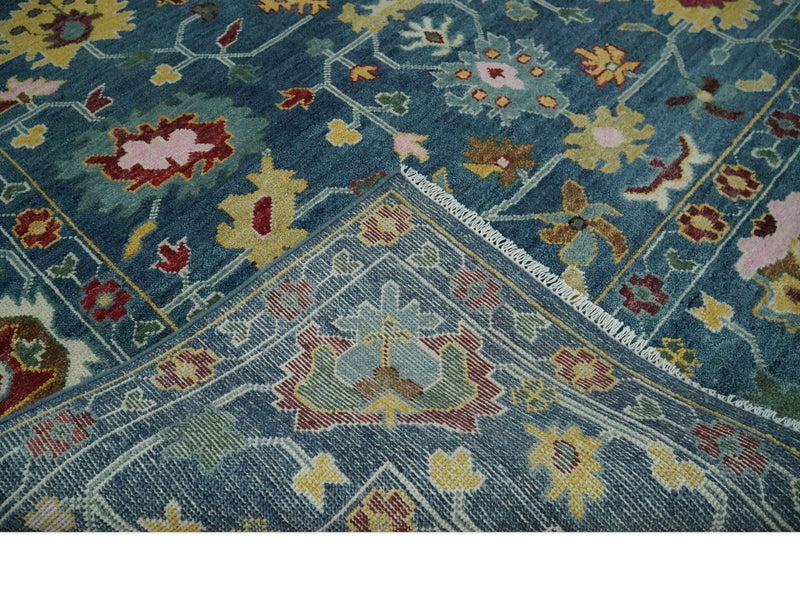 Vibrant Colorful Hand knotted Teal, Gold And Maroon 9x12 wool Area Rug