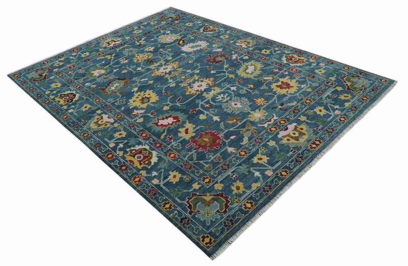 Vibrant Colorful Hand knotted Teal, Gold And Maroon 9x12 wool Area Rug