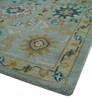 Hand Knotted Oushak Wool Area Rug Traditional Handwoven Light Blue Mustard Brown