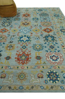 Hand Knotted Oushak Wool Area Rug Traditional Handwoven Light Blue Mustard Brown