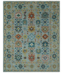 Vibrant Colorful Light Blue, Mustard, Brown and Blue Hand Knotted Traditional Oushak Multi Size wool Area Rug