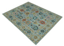 Hand Knotted Oushak Wool Area Rug Traditional Handwoven Light Blue Mustard Brown