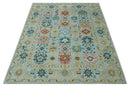 Hand Knotted Oushak Wool Area Rug Traditional Handwoven Light Blue Mustard Brown