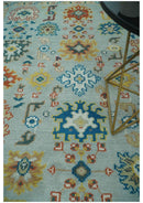 Hand Knotted Oushak Wool Area Rug Traditional Handwoven Light Blue Mustard Brown