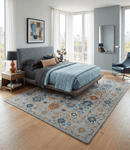 Hand Knotted Oushak Wool Area Rug Traditional Handwoven Light Blue Mustard Brown