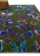 Vibrant Garden of Butterfly Green and Purple Hand knotted Multi size wool Area Rug