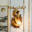 GobekUsa Loft Style Wall Mounted Sconce with Clear Crystal Shade, Blue/Gold Finish and Deer Head Accent