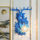 GobekUsa Loft Style Wall Mounted Sconce with Clear Crystal Shade, Blue/Gold Finish and Deer Head Accent