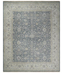 Custom Made Vintage Style Hand Knotted Traditional Blue and Beige Antique Textured Low Pile Distressed Wool Rug