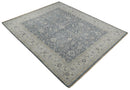 Custom Made Vintage Style Hand Knotted Traditional Blue and Beige Antique Textured Low Pile Distressed Wool Rug