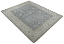 Blue Beige Hand Knotted Wool Rug - Vintage Distressed Low Pile by The Rug Decor