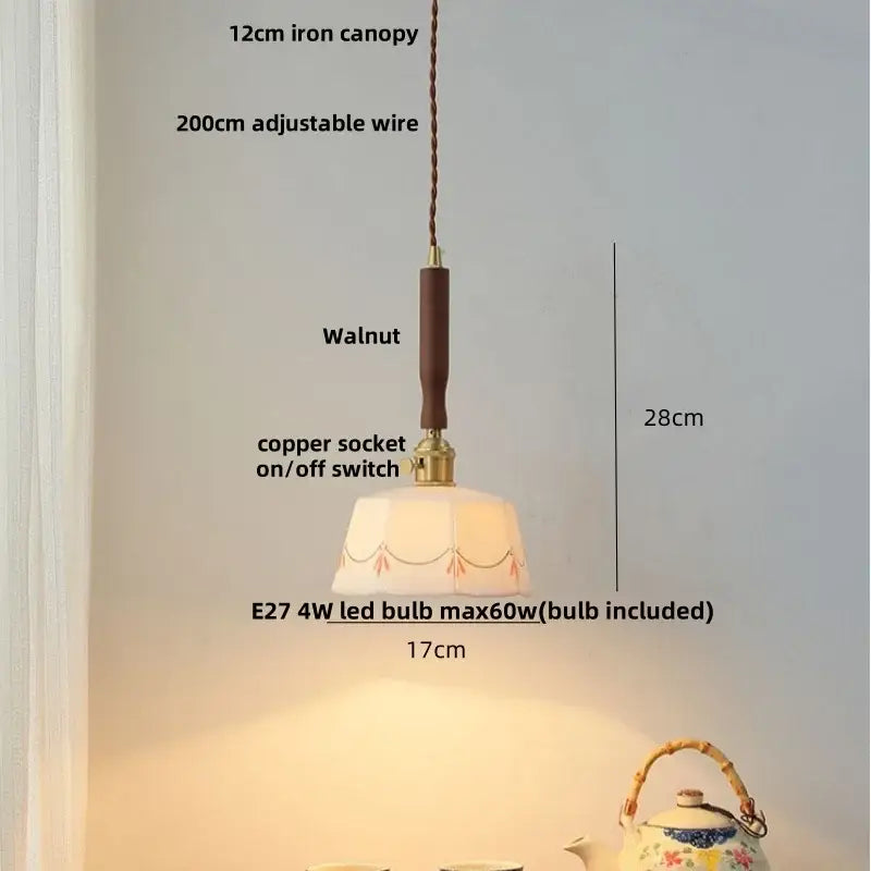 GobekUsa Ceramic Walnut Wood Pendant Light Fixture - Adjustable LED Lamparas for Study Aisle, photo 12 of 28