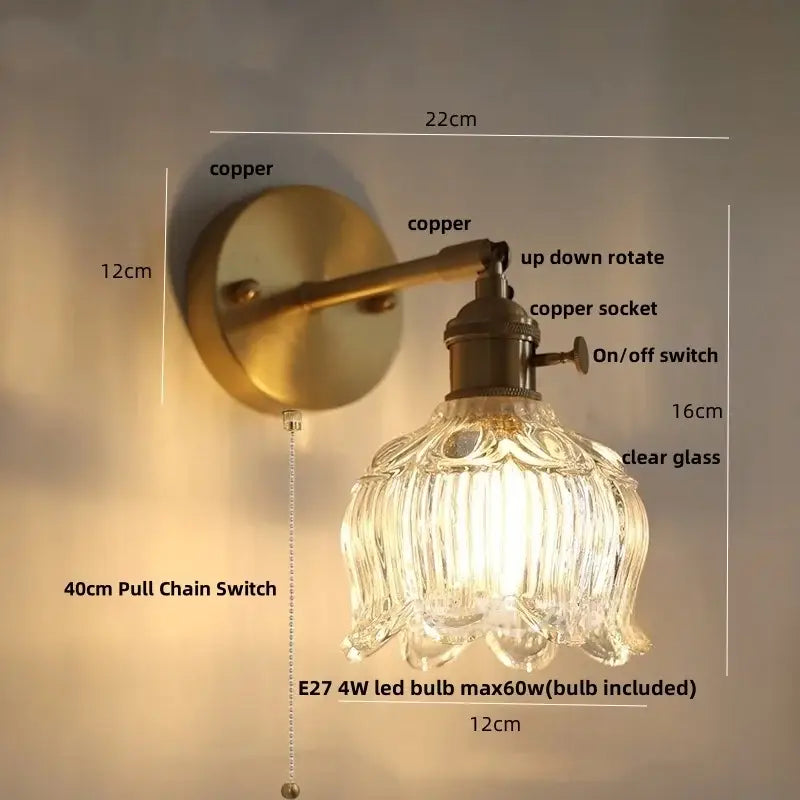 GobekUsa Clear Glass Copper Socket LED Wall Lamp with Pull Chain Switch, photo 7 of 22