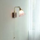 GobekUsa Glass Pink LED Wall Lights Pull Chain Switch Rotatable Sconce Bedside Lamp