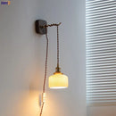 GobekUsa LED Wall Sconce Modern Japan Style Ceramic Lampshade Wooden Base Light