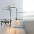 GobekUsa Ceramic Wall Sconce with Copper Arm | Pull Chain Switch LED Bedroom Lamp