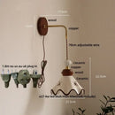 GobekUsa Ceramic LED Wall Light Copper Pull Chain Wood Base Modern Bedside Lamp