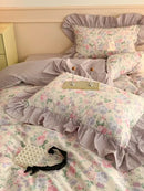 GobekUsa French Floral Cotton Bedding Set with Big Lace Ruffles, Fresh Flowers